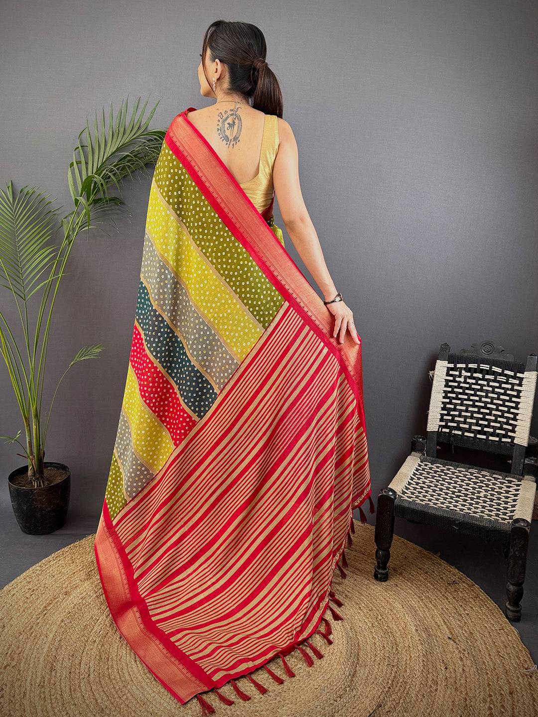 Red Soft Dola Bandhej Print Saree