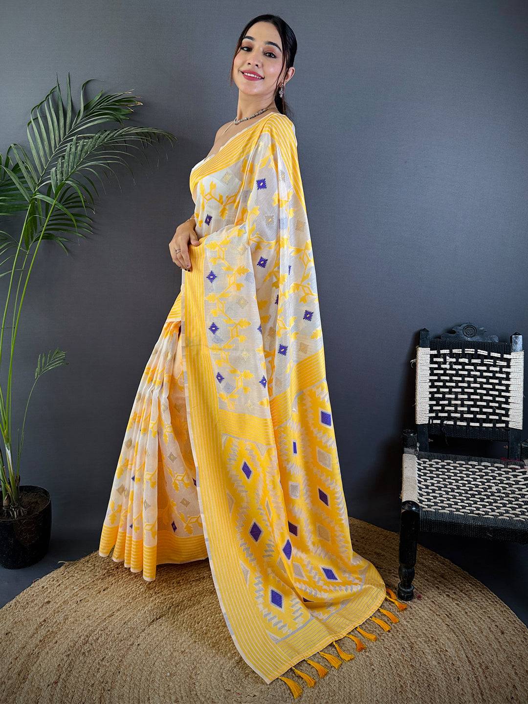 Elegant Yellow Soft Cotton Silk Jamdani Saree
