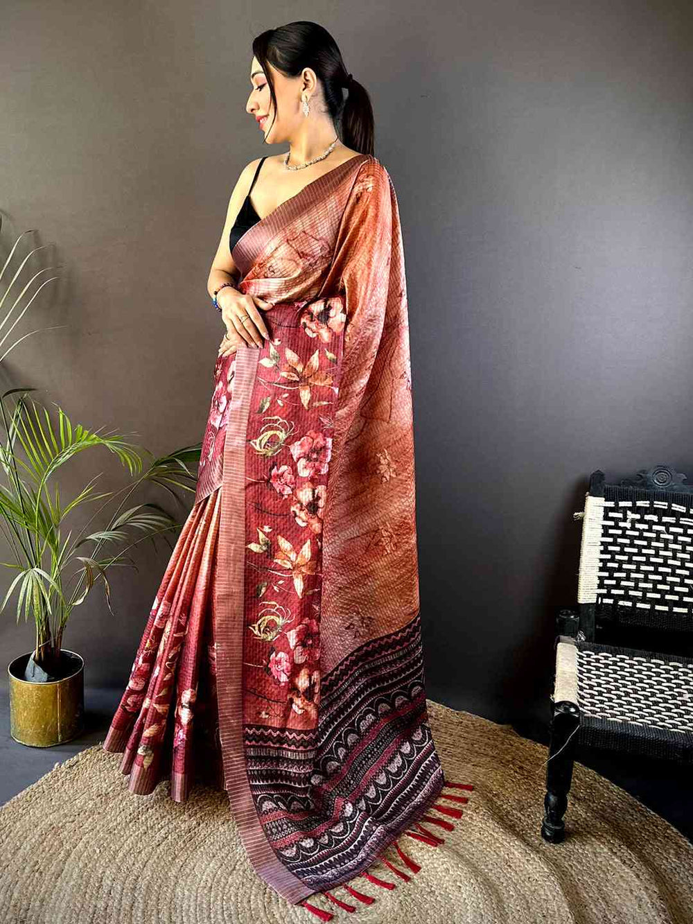 Rust Brown Tissue Chanderi Digital Check Saree