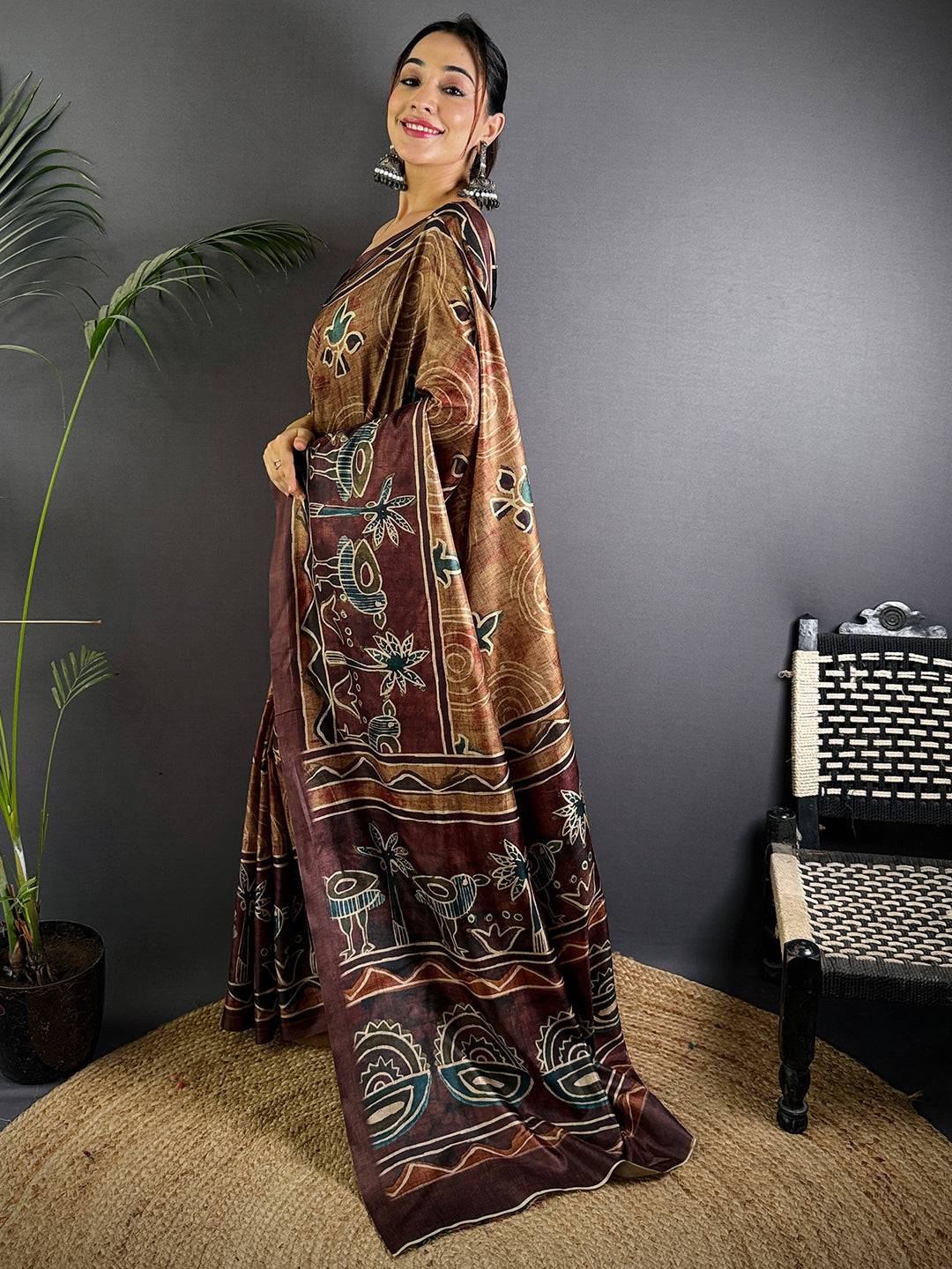Brown Soft Dola Silk Printed Saree