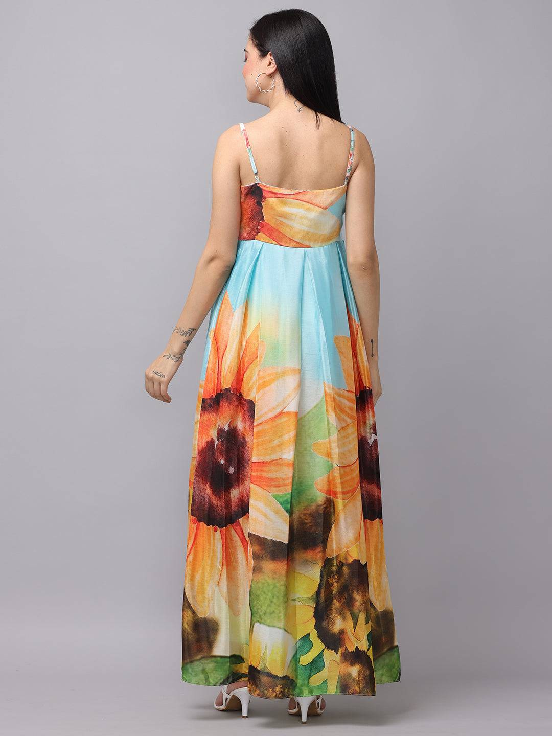 Back view of multi-color floral print long dress