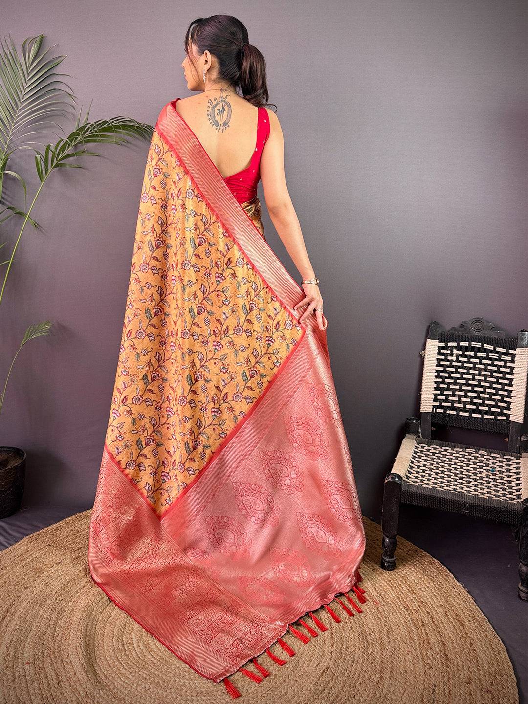 Mustard Yellow Cherry Satin Kalamkari Saree