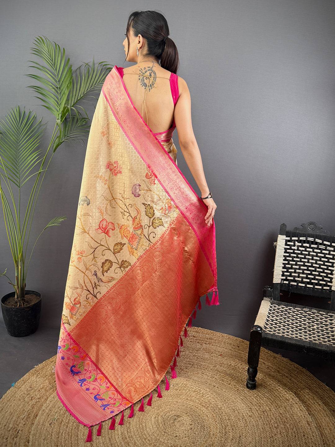 Elegant Kora Muslin Floral Kalamkari Saree