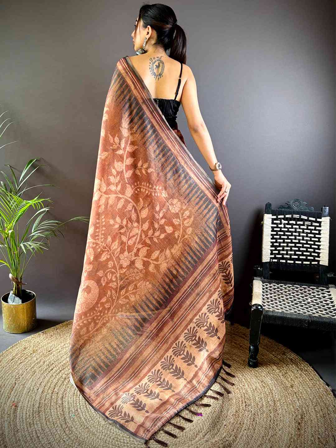 Coffee Brown Floral Stripes Tissue Saree
