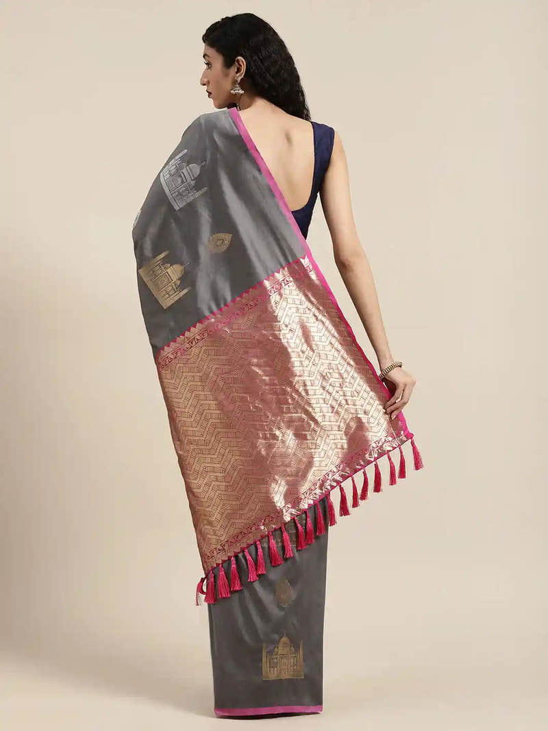 Trendy Grey Colour Silk Blend Woven Design Banarasi Saree