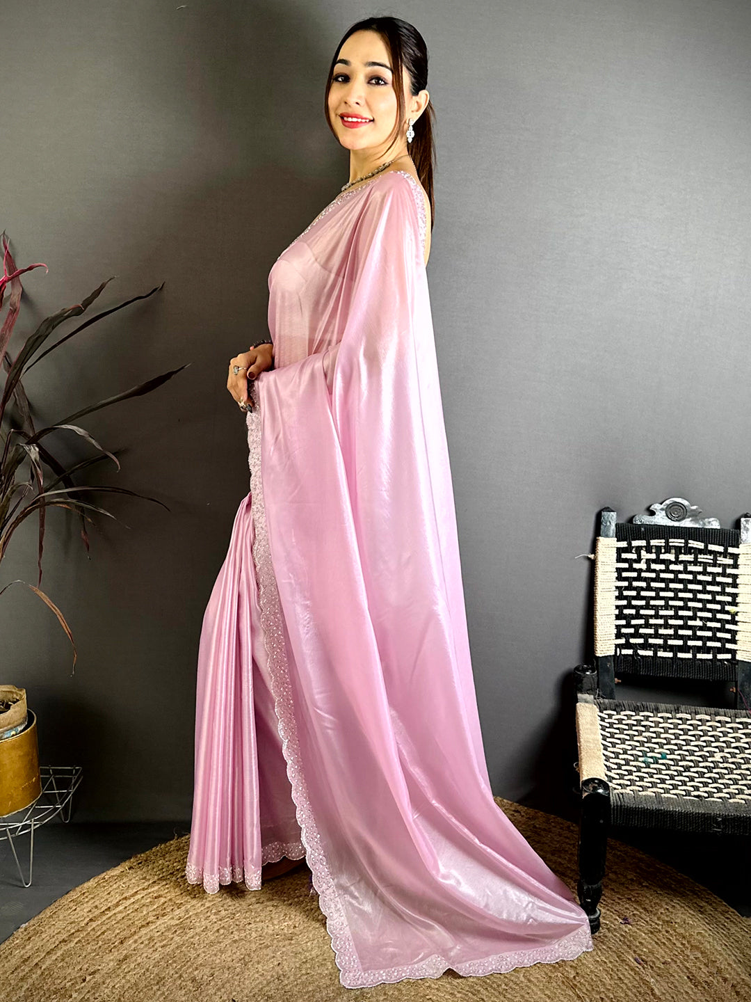 Radiant Silver Glass Swarovski Silk Saree