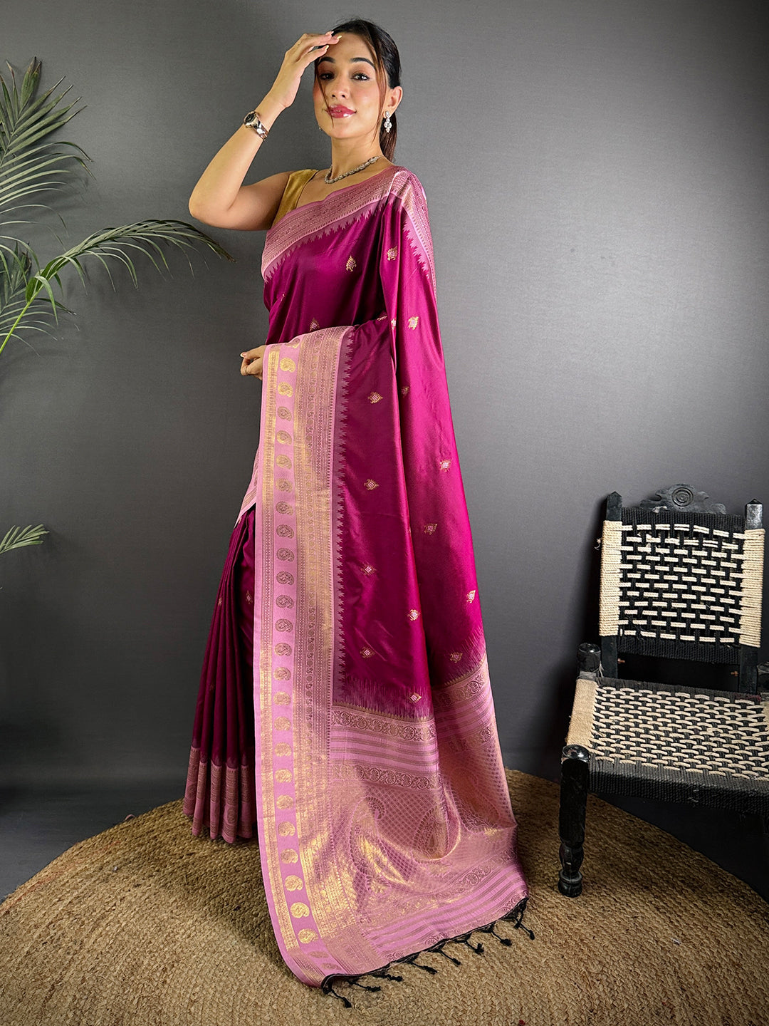 Wine Soft Silk Gadwal Border Saree