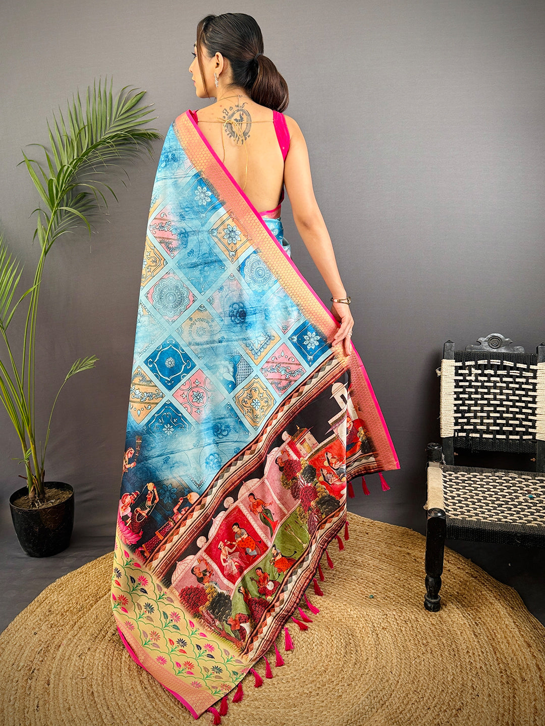 Sky Blue Freehand Digital Print Soft Silk Saree