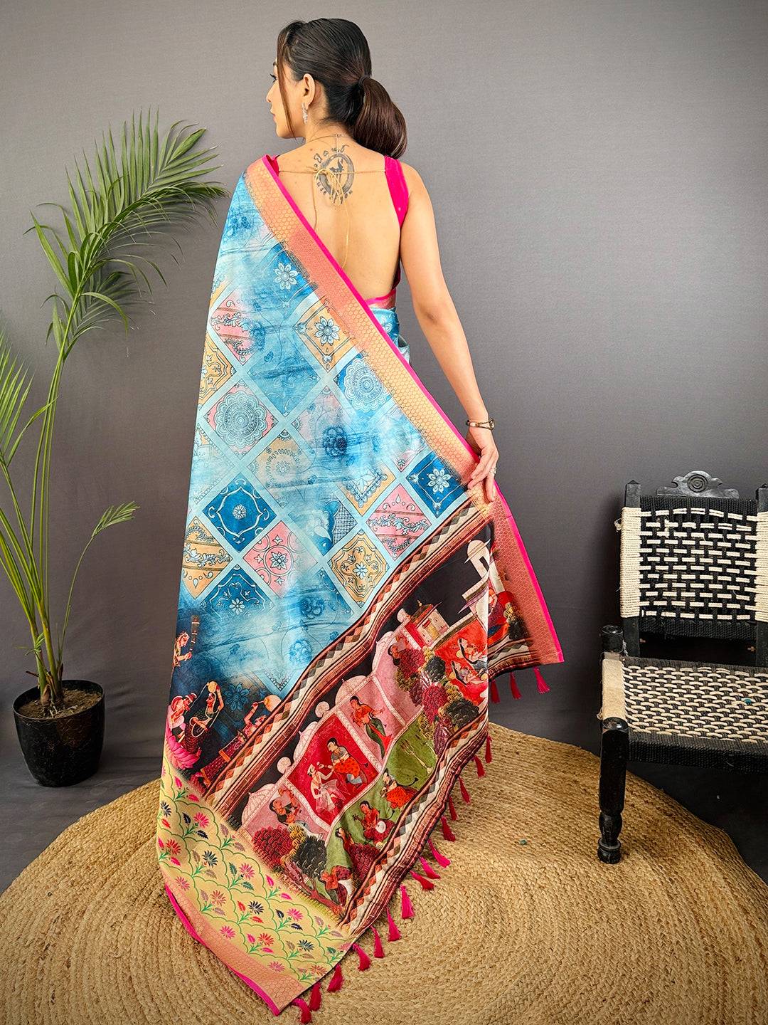 Sky Blue Freehand Digital Print Soft Silk Saree