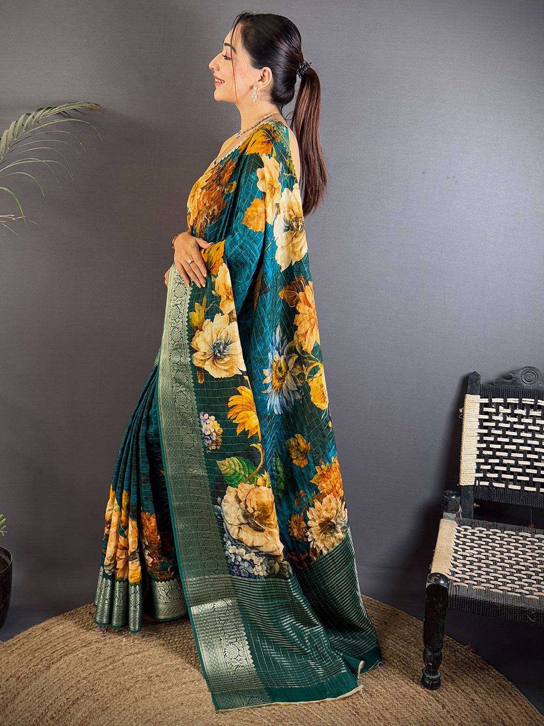 Deep Teal Floral Digital Print Saree