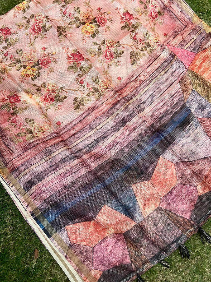 Peach Colour Soft Kota Doriya Silk Saree With Flower & Abstract Prints