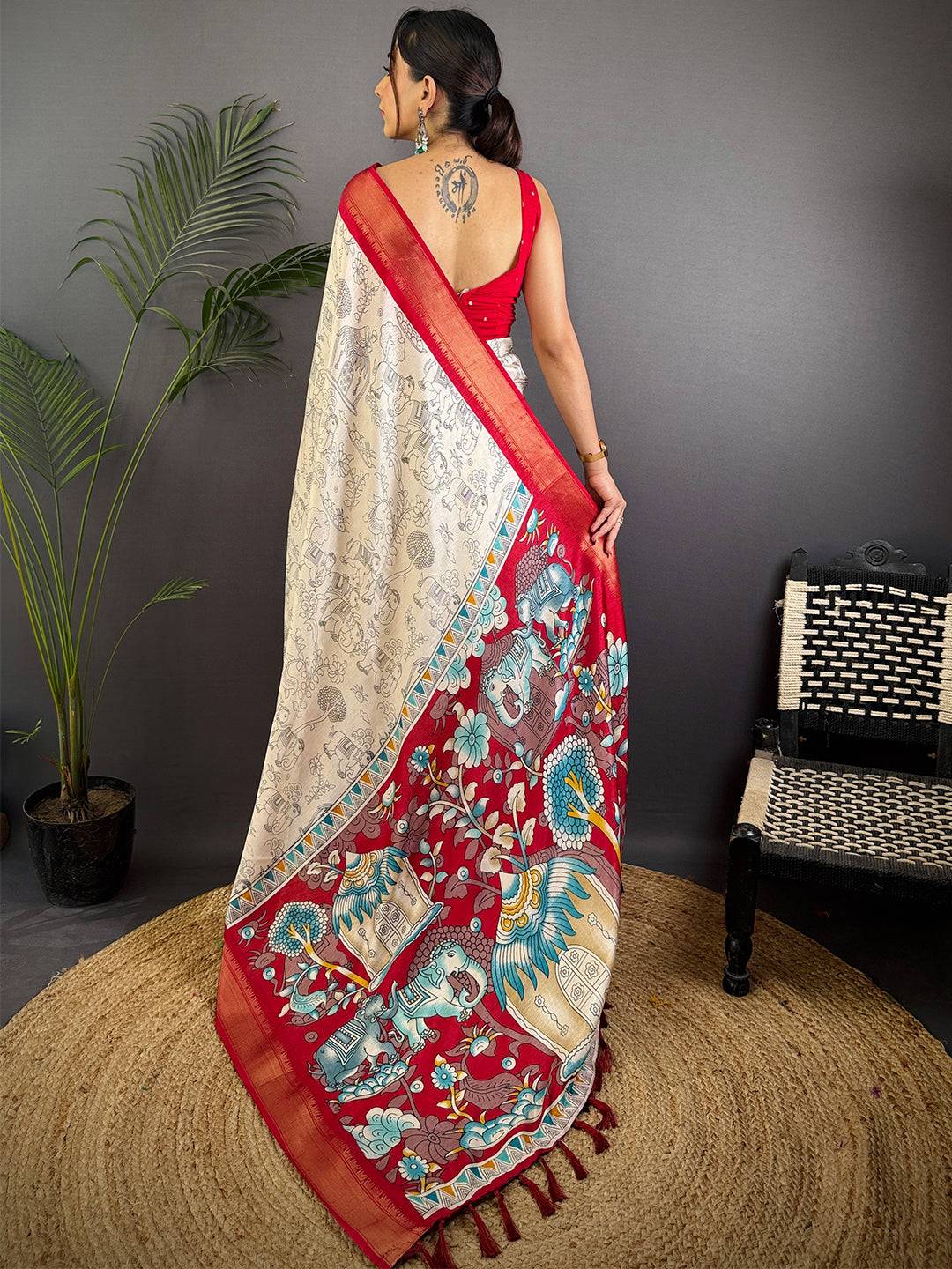 Red Dola Silk Pen Kalamkari Print Saree