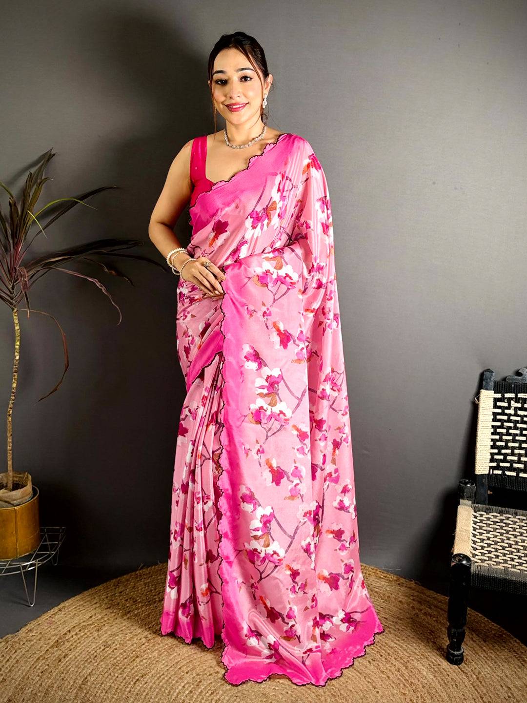 Rose Pink Chinnon Embroidered Border Saree