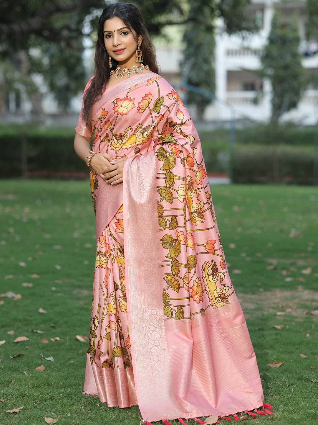 Pink Viscose Dola Silk Saree With Pichwai & Mughal Print