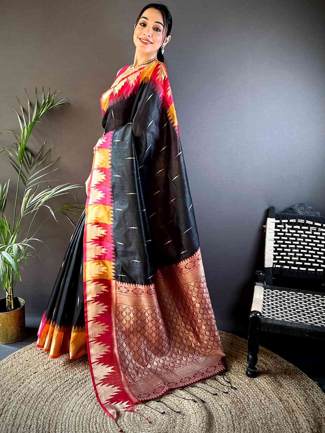 Black Banarasi Raw Silk Ikkat Saree