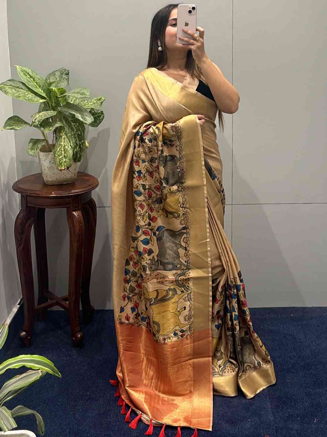 Beautiful Kalamkari Linen Tissue Saree with vibrant patterns