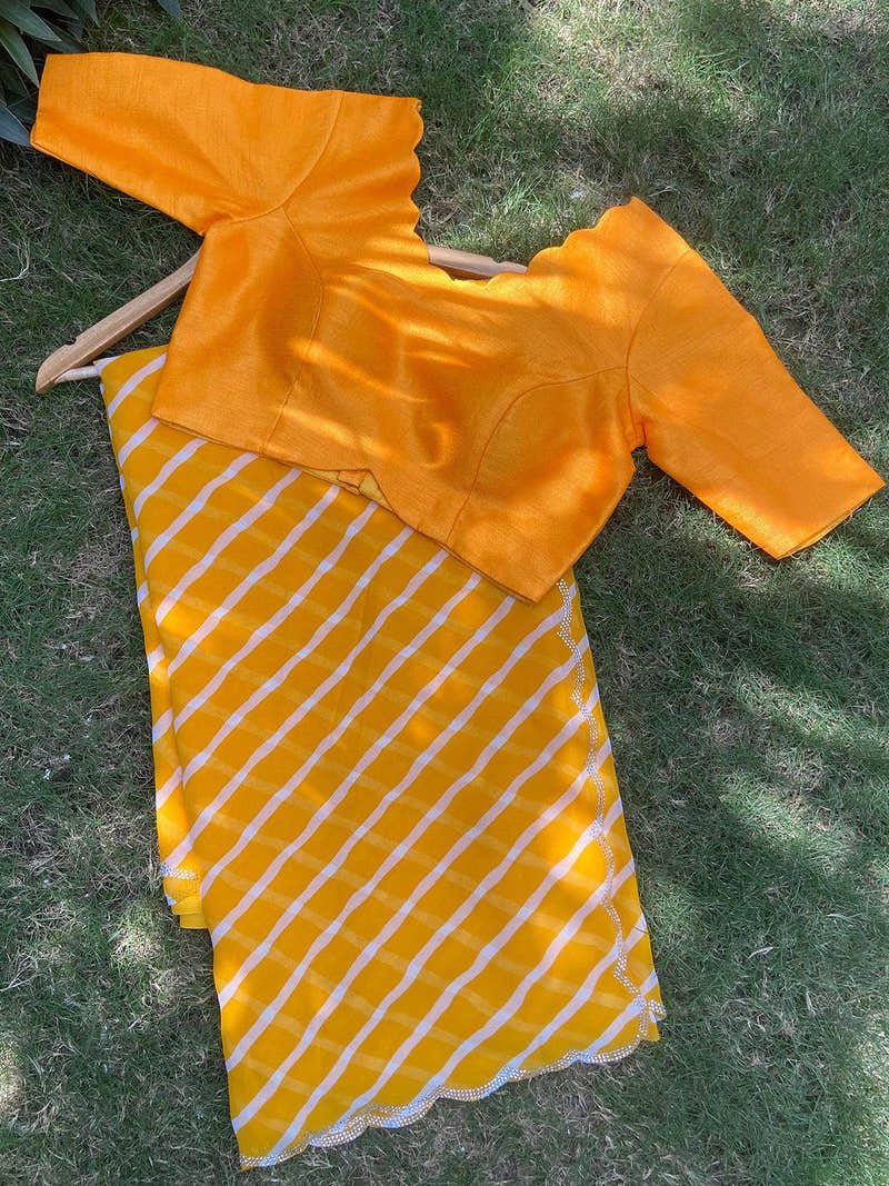 Yellow Georgette Leheriya Print Stone Work Saree