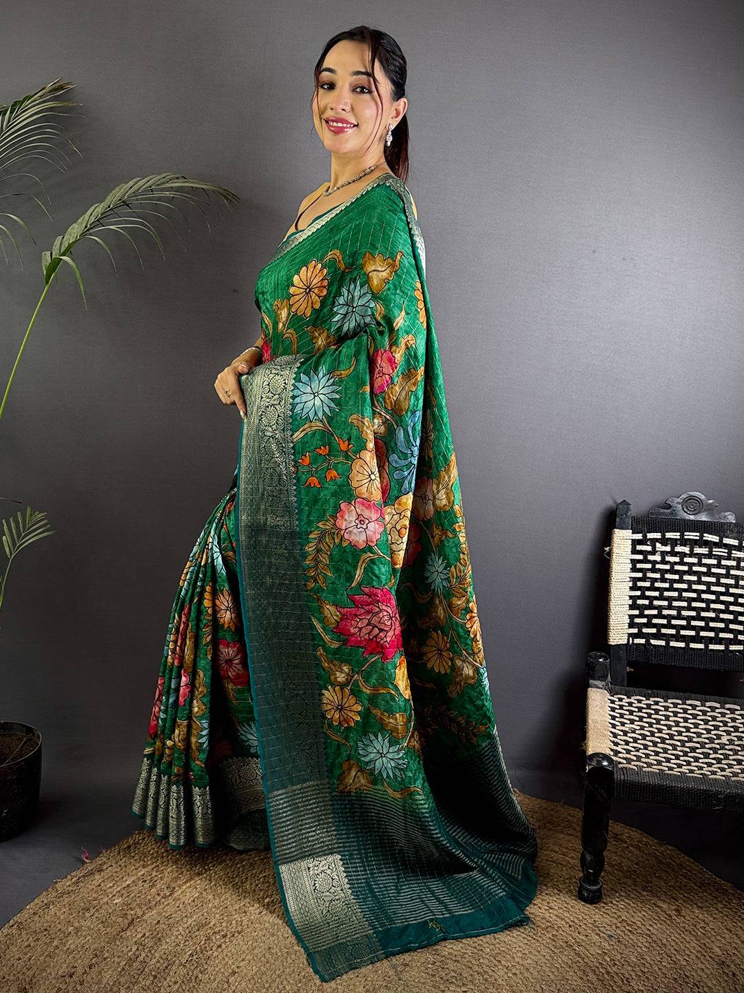 Deep Green Floral Printed Viscose Saree