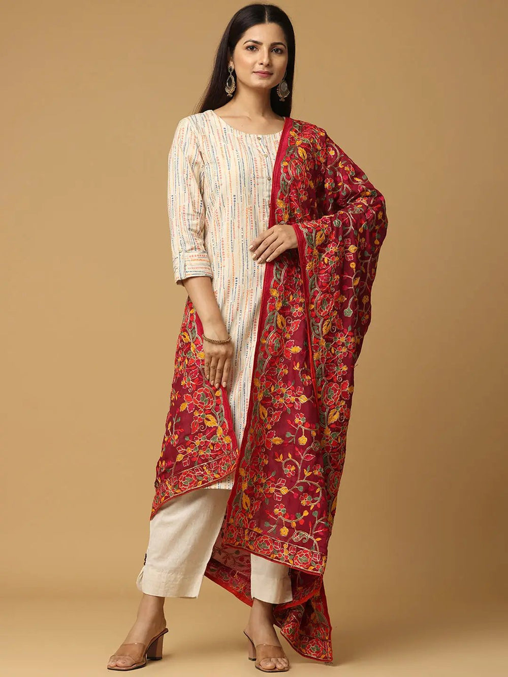 Front view of wine poly chiffon pashmina dupatta with ethnic design