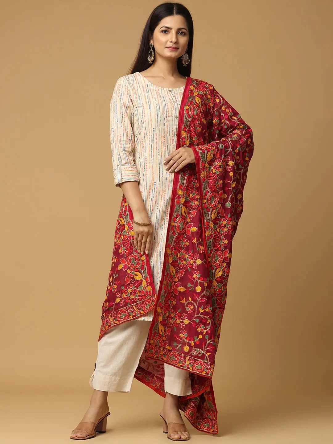 Front view of wine poly chiffon pashmina dupatta with ethnic design