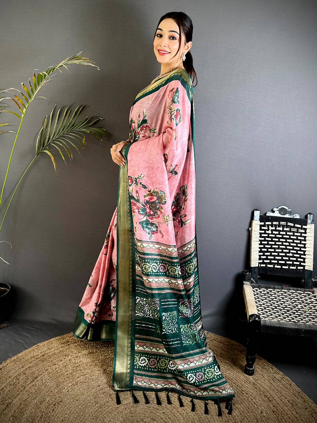 Majestic Pink Floral Dola Silk Saree