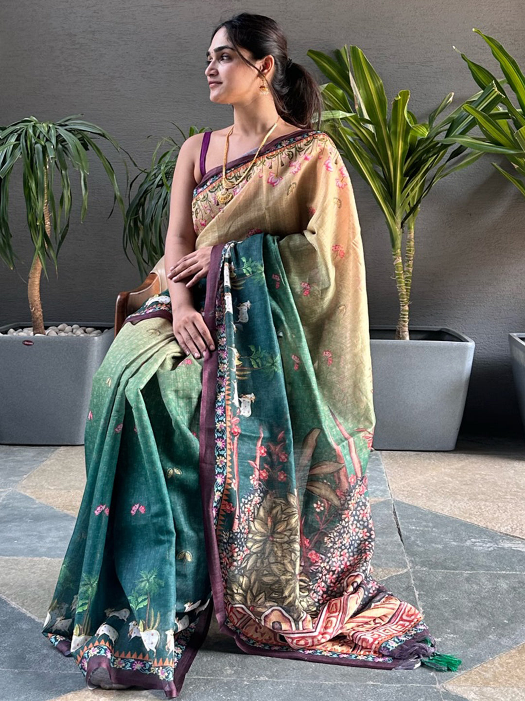 Soft Linen Ombre Pichwai Printed Saree