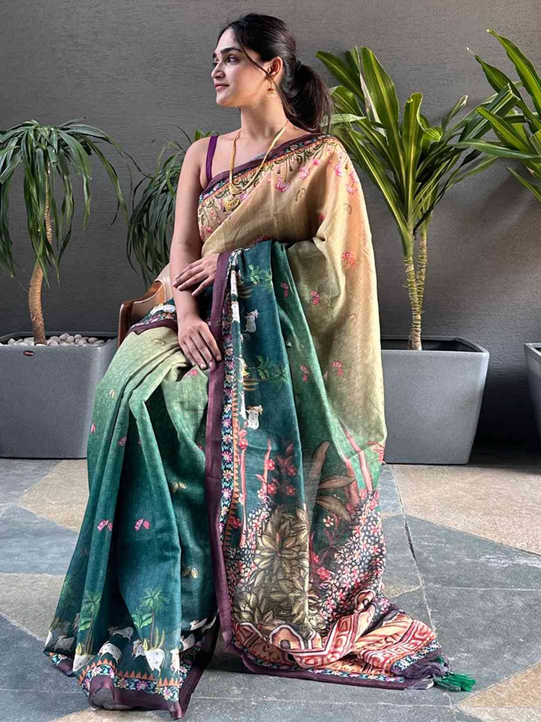 Soft Linen Ombre Pichwai Printed Green Saree draped elegantly