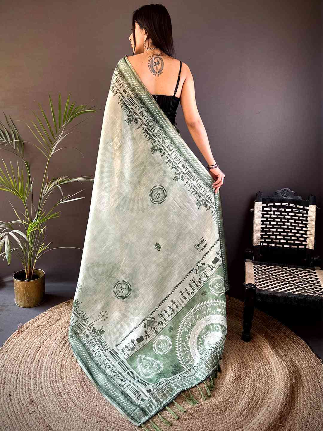 Sage Green Warli Art Tissue Chanderi Saree