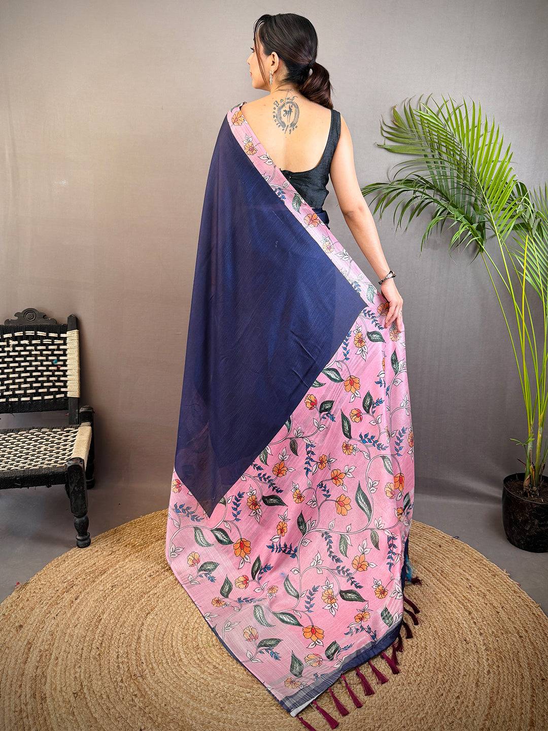 Navy Linen Kalamkari Print Saree