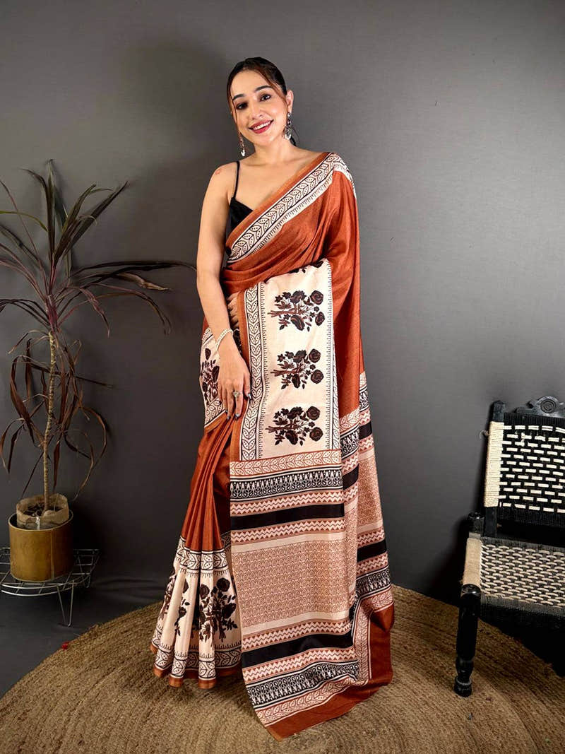 Rust Block Panel Stripe Tussar Saree