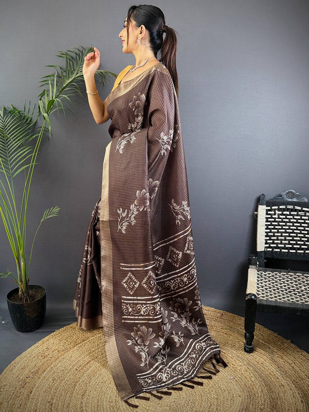 Floral Printed Coffee Brown Chanderi Saree