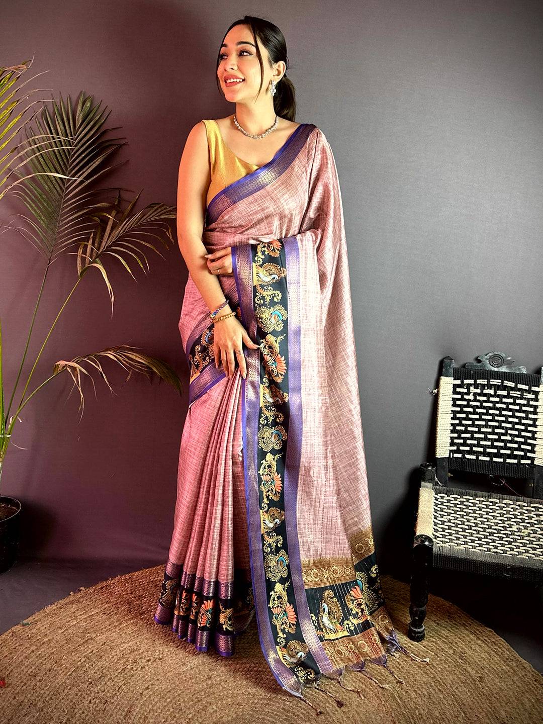 Radiant Tanjore Art Khadi Semi Silk Saree