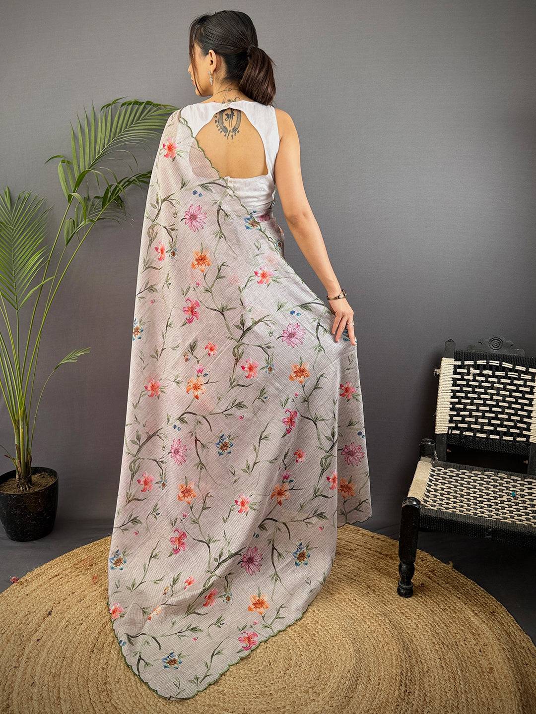 Light Grey Soft Kota Floral Print Saree