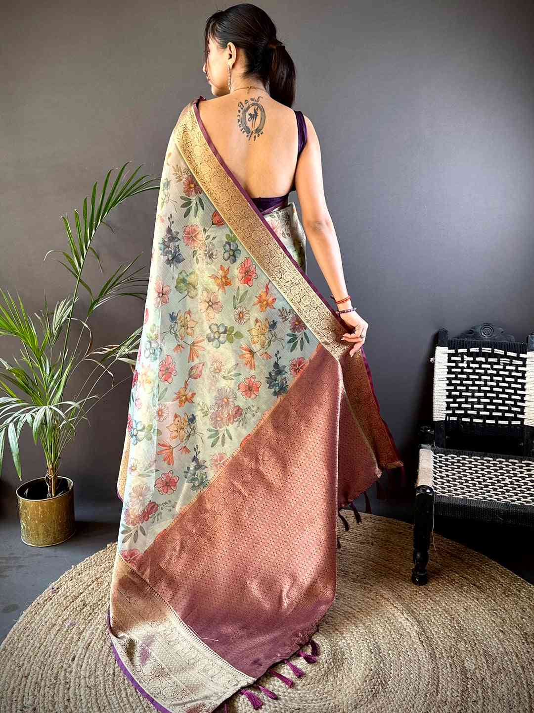 Fern Green Floral Gold Zari Tissue Saree