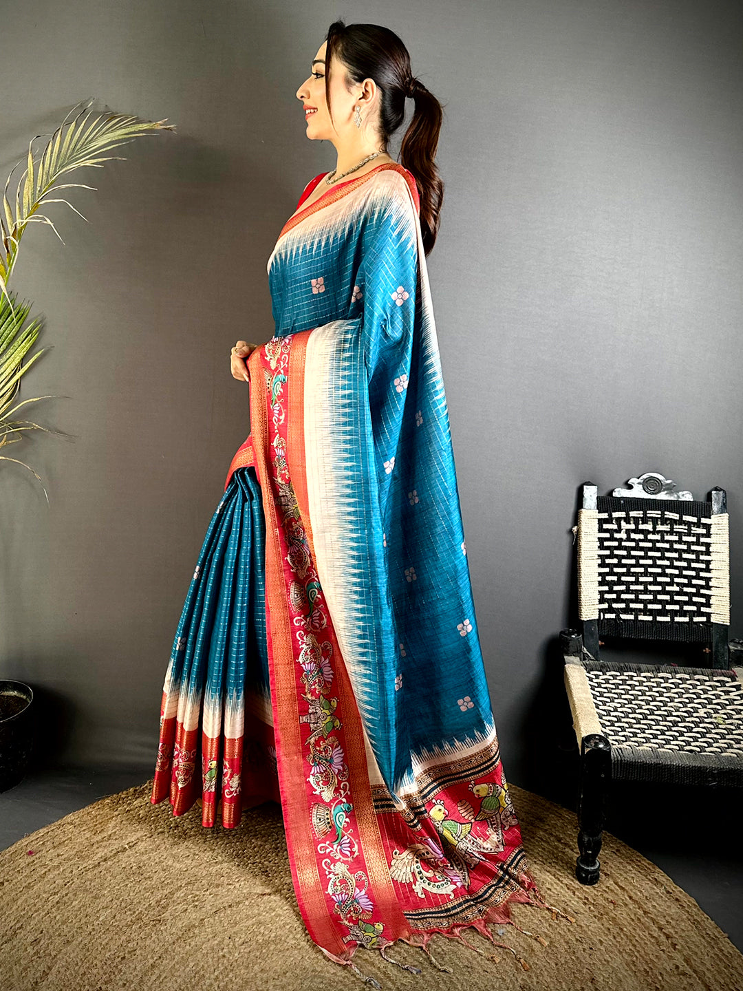 Blue Tanjore Art Semi Silk Saree