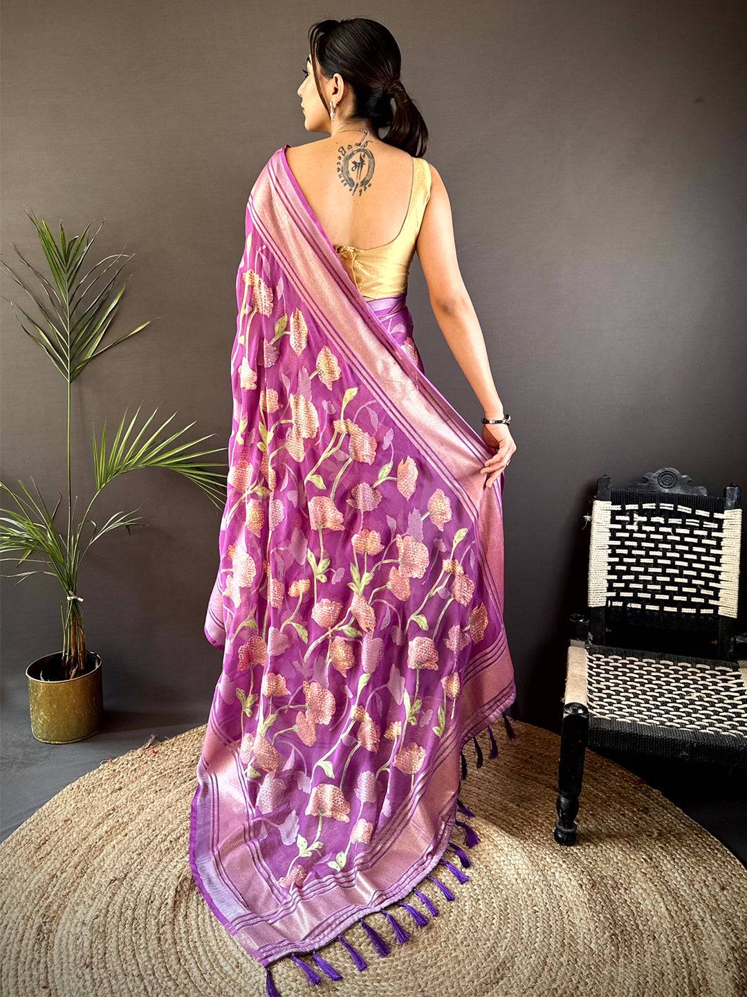 Wine Brasso Soft Mina Kari Weaving Saree