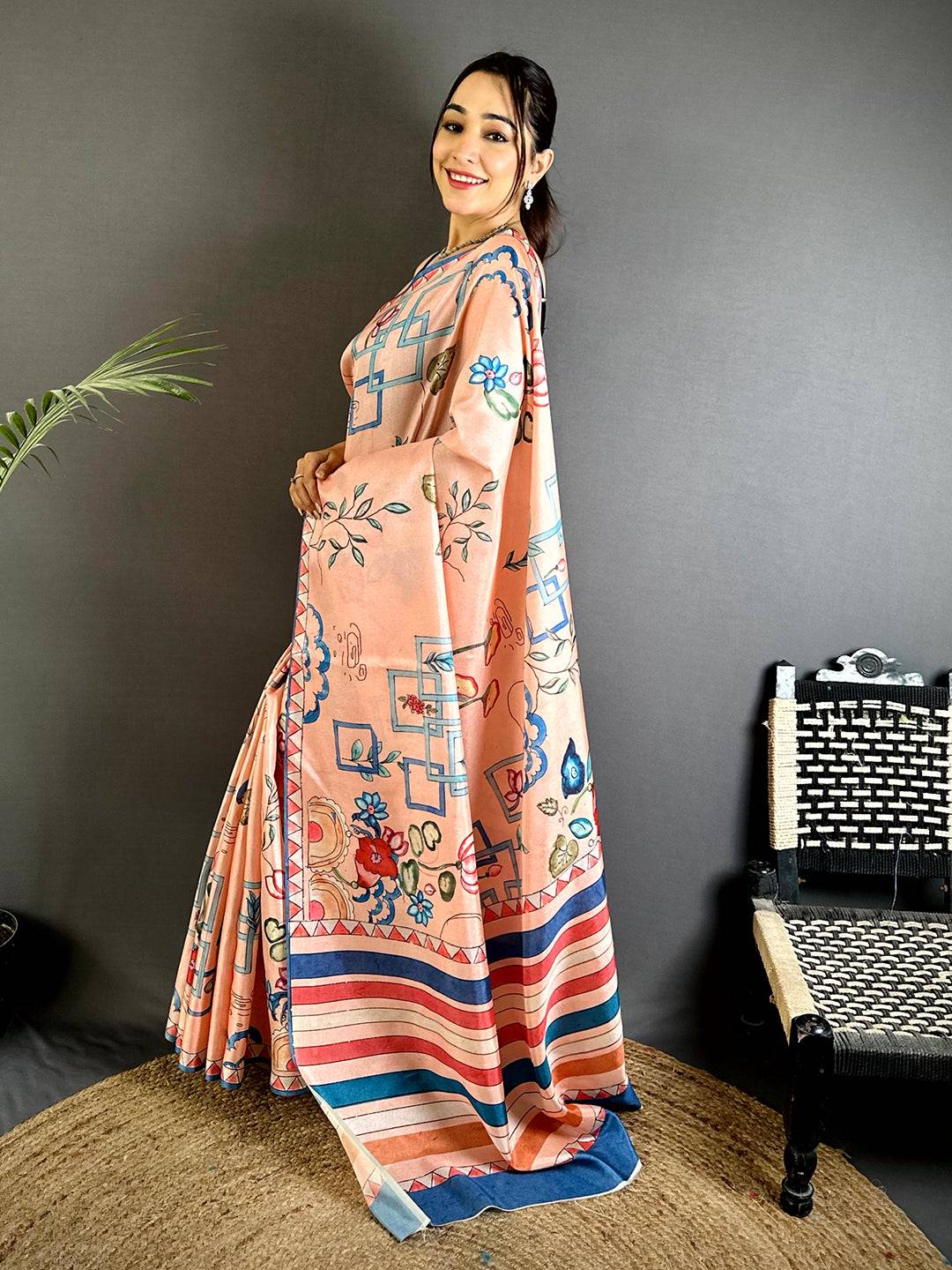 Peach Semi Tussar Striped Pallu Saree