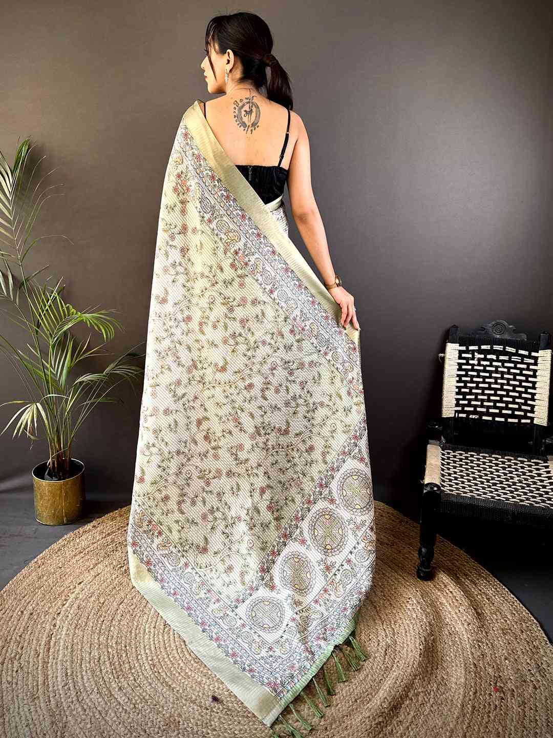 Sage Green Chanderi Madhubani Black Chex Saree