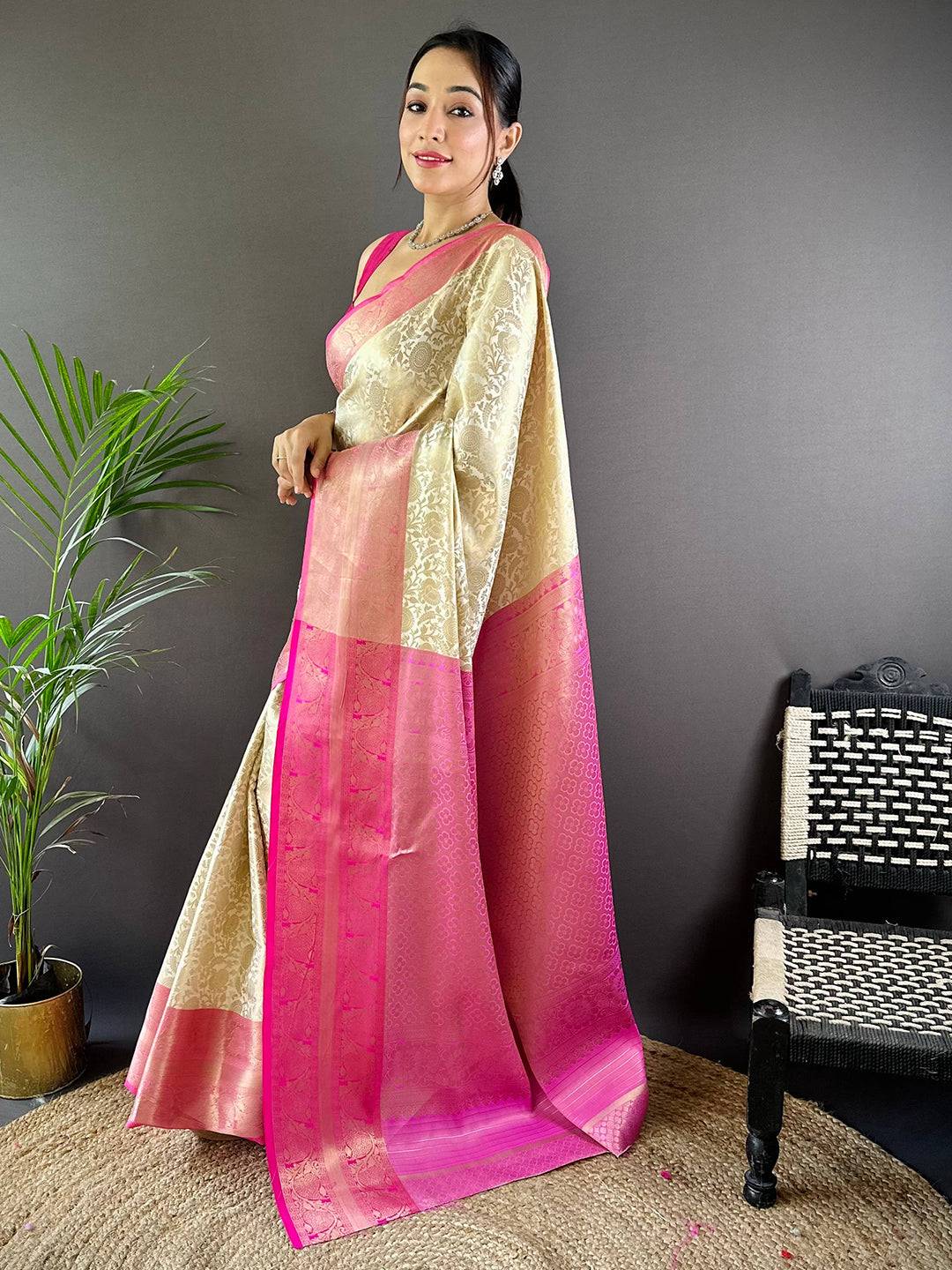 Traditional Banarasi Saree with rich beige and pink hues