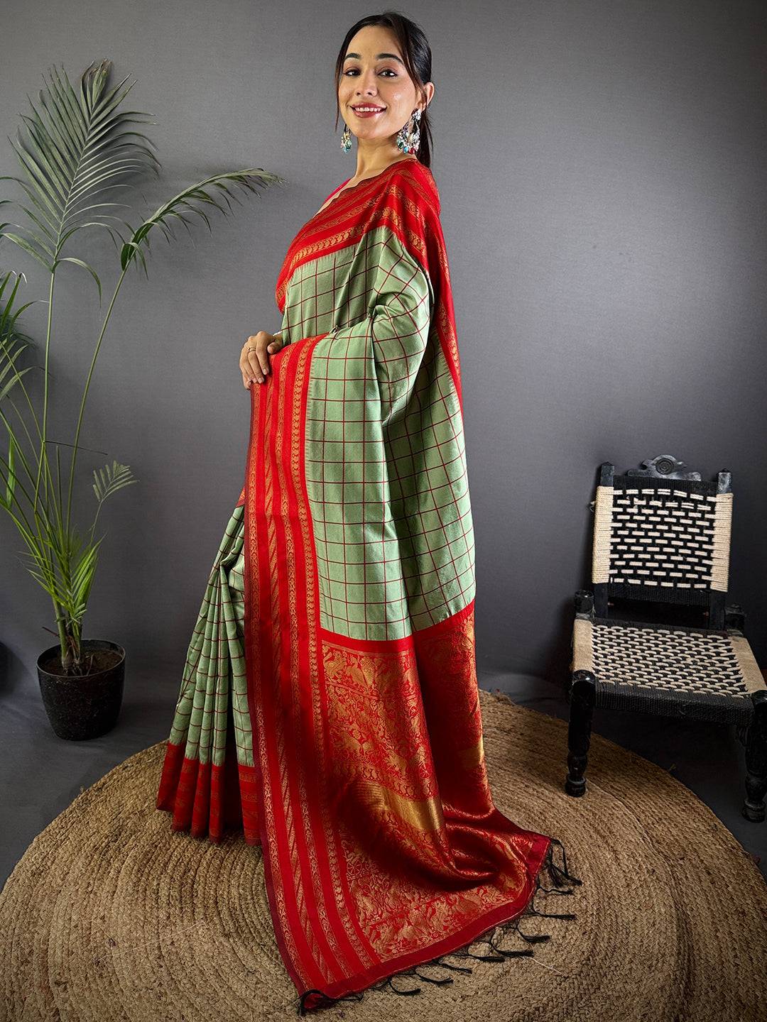 Red Royale Chex Soft Katan Silk Saree