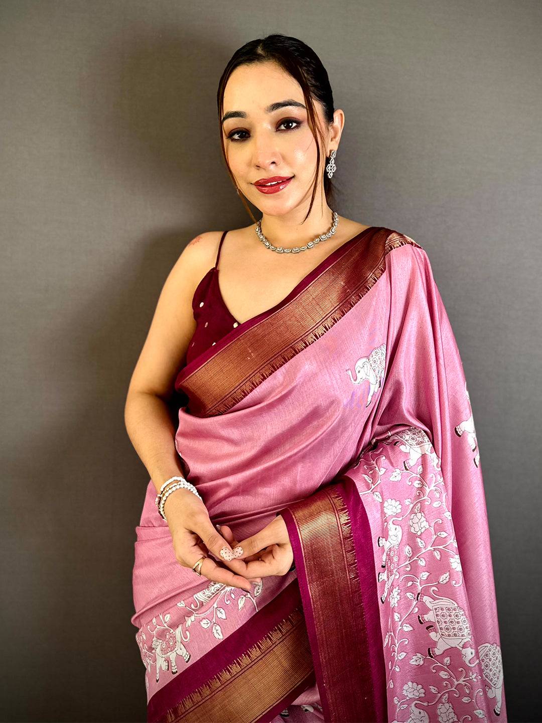 Pink Soft Dola Block Kalamkari Zari Saree