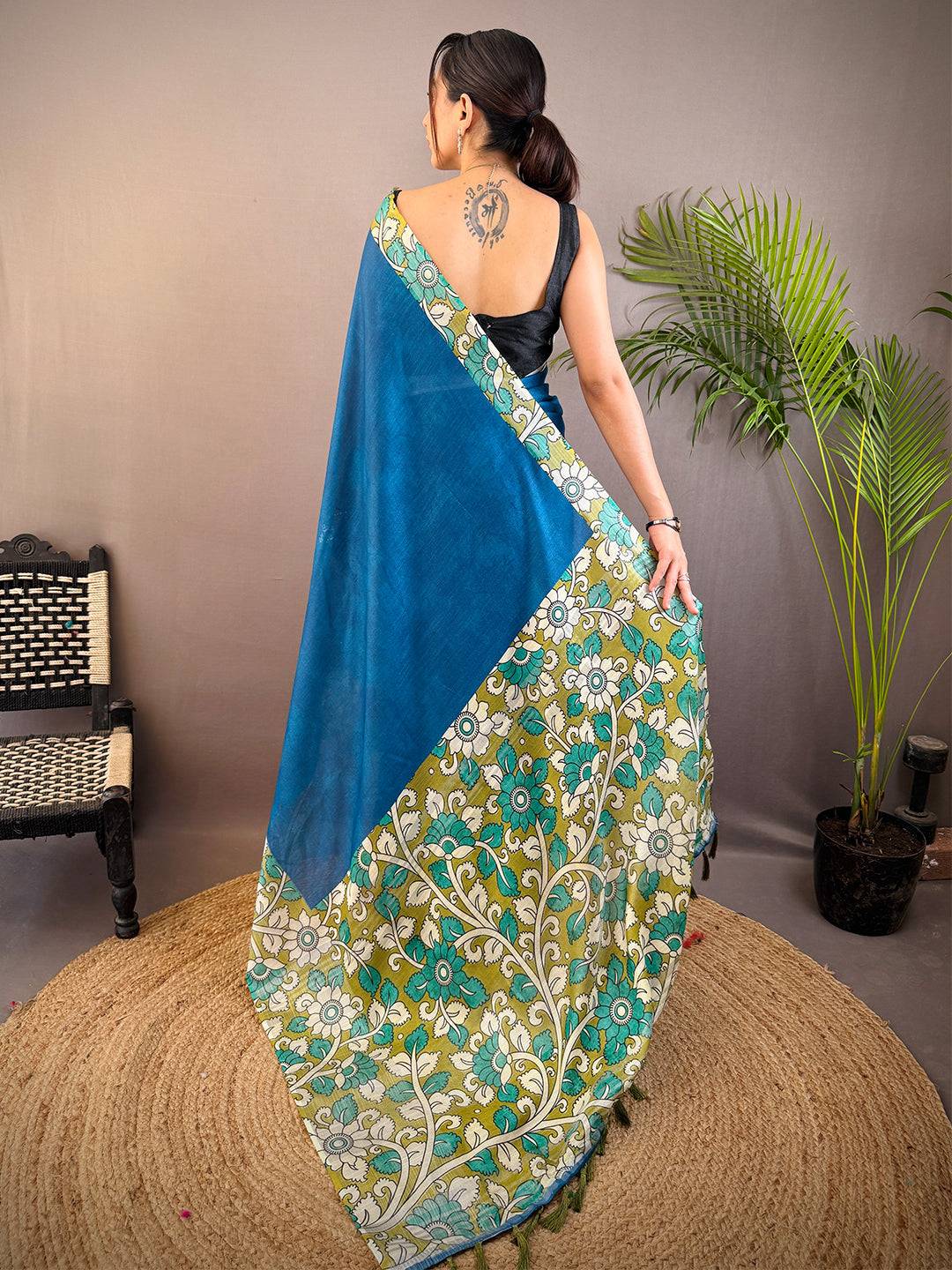 Teal Linen Kalamkari Print Saree