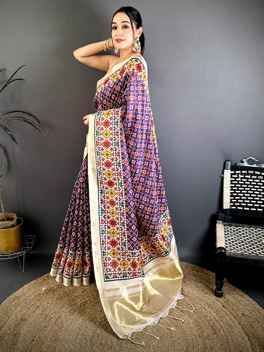 Purple Ethnic Digital Ikkat Kanchi Saree
