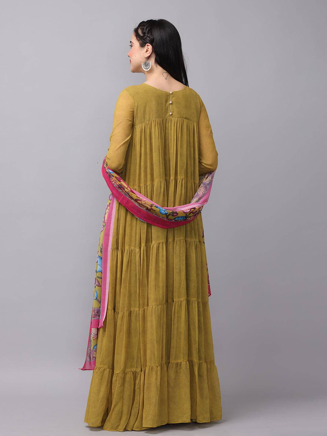 Mustard olive multi layered dress back view