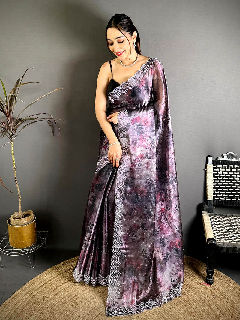 Imported Glass Satin Silk Diamond Work Saree