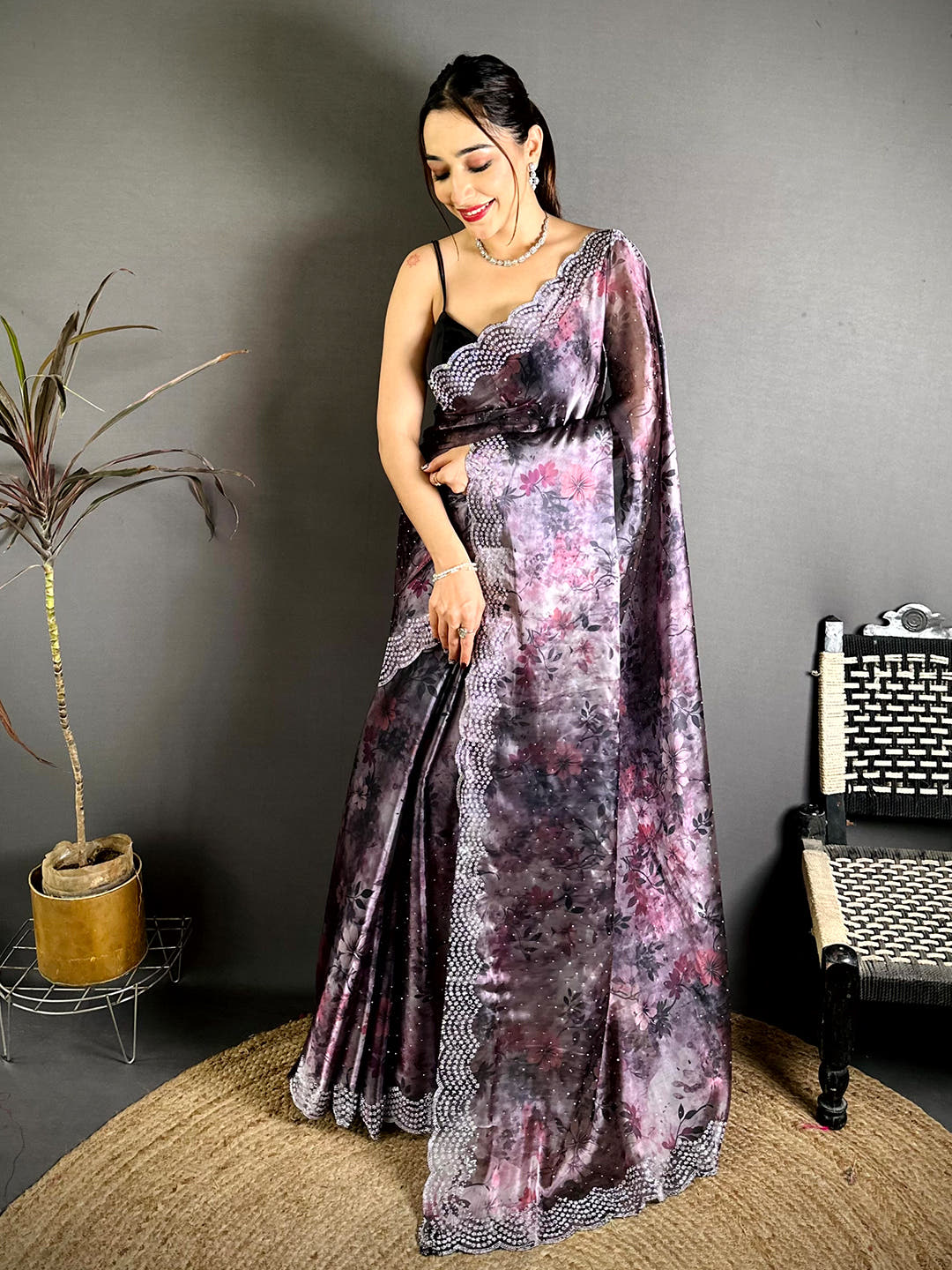 Imported Glass Satin Silk Diamond Work Saree