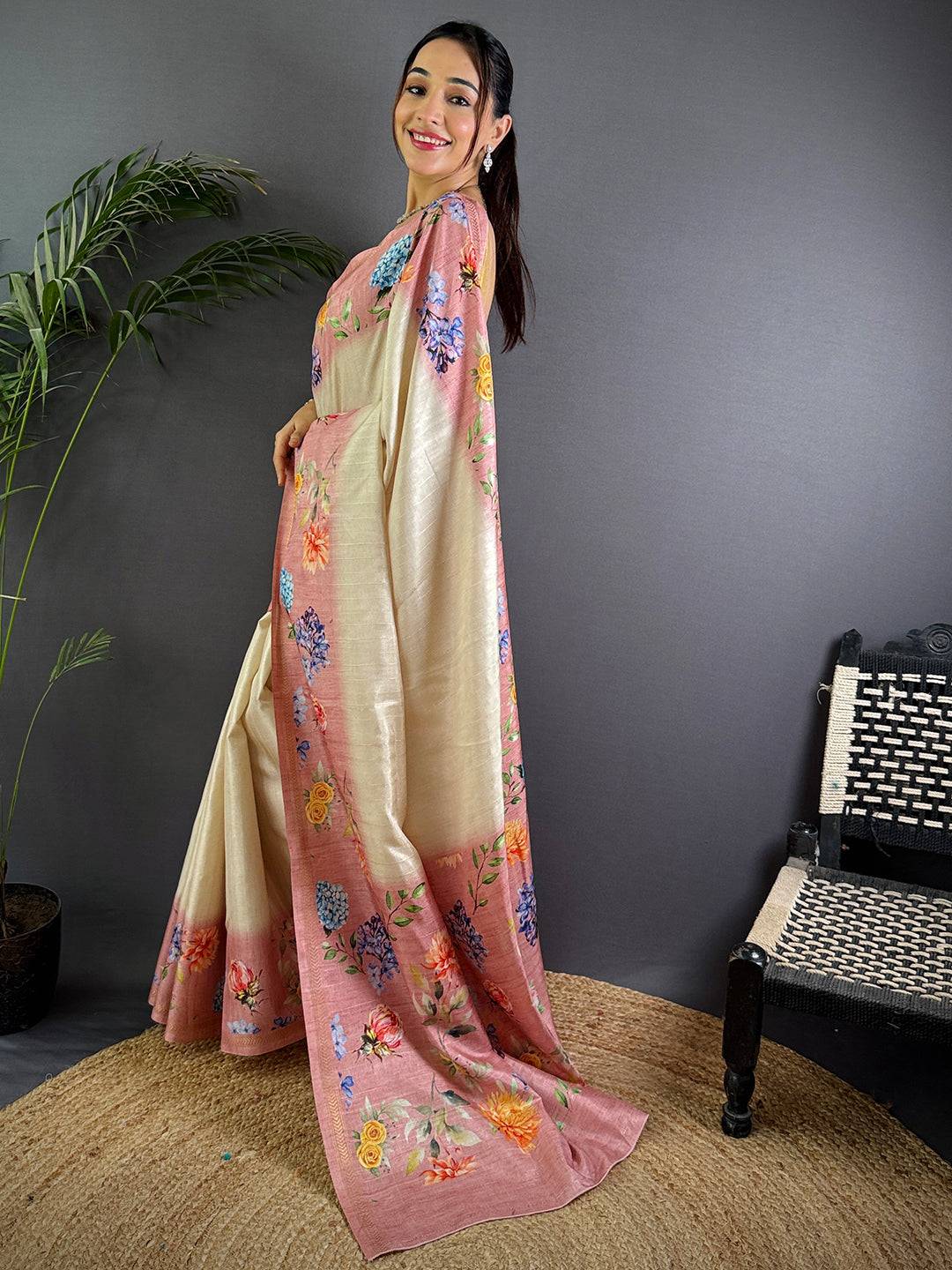 Off White Tussar Ghicha Silk Saree
