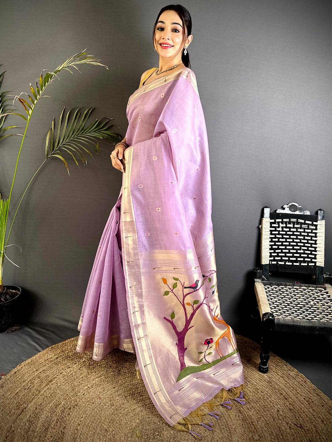 Lavender Minakari Paithani Khadi Linen Saree
