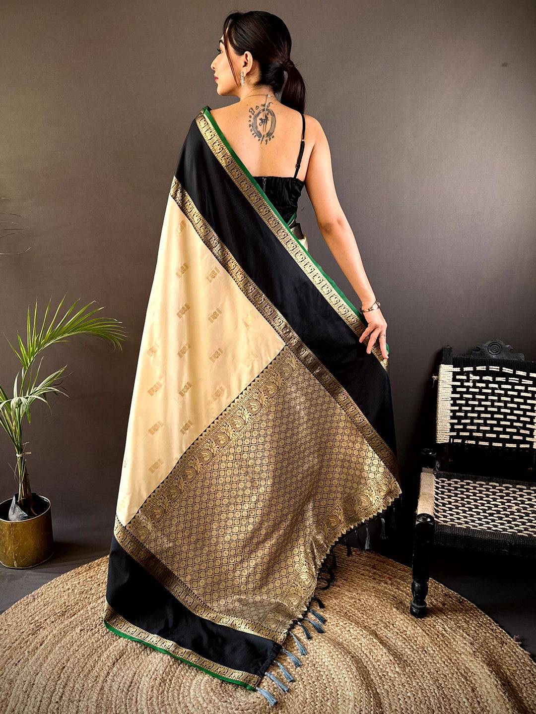 Cream Gadhwal Pure Soft Silk Saree