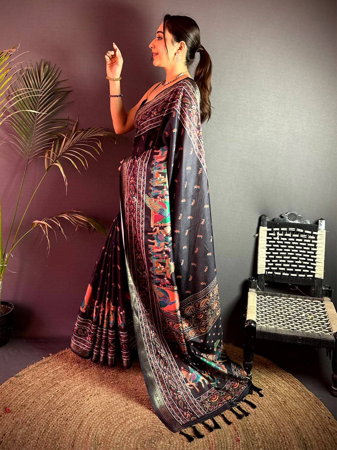 Coffee Kashmiri Kalamkari Soft Silk Saree